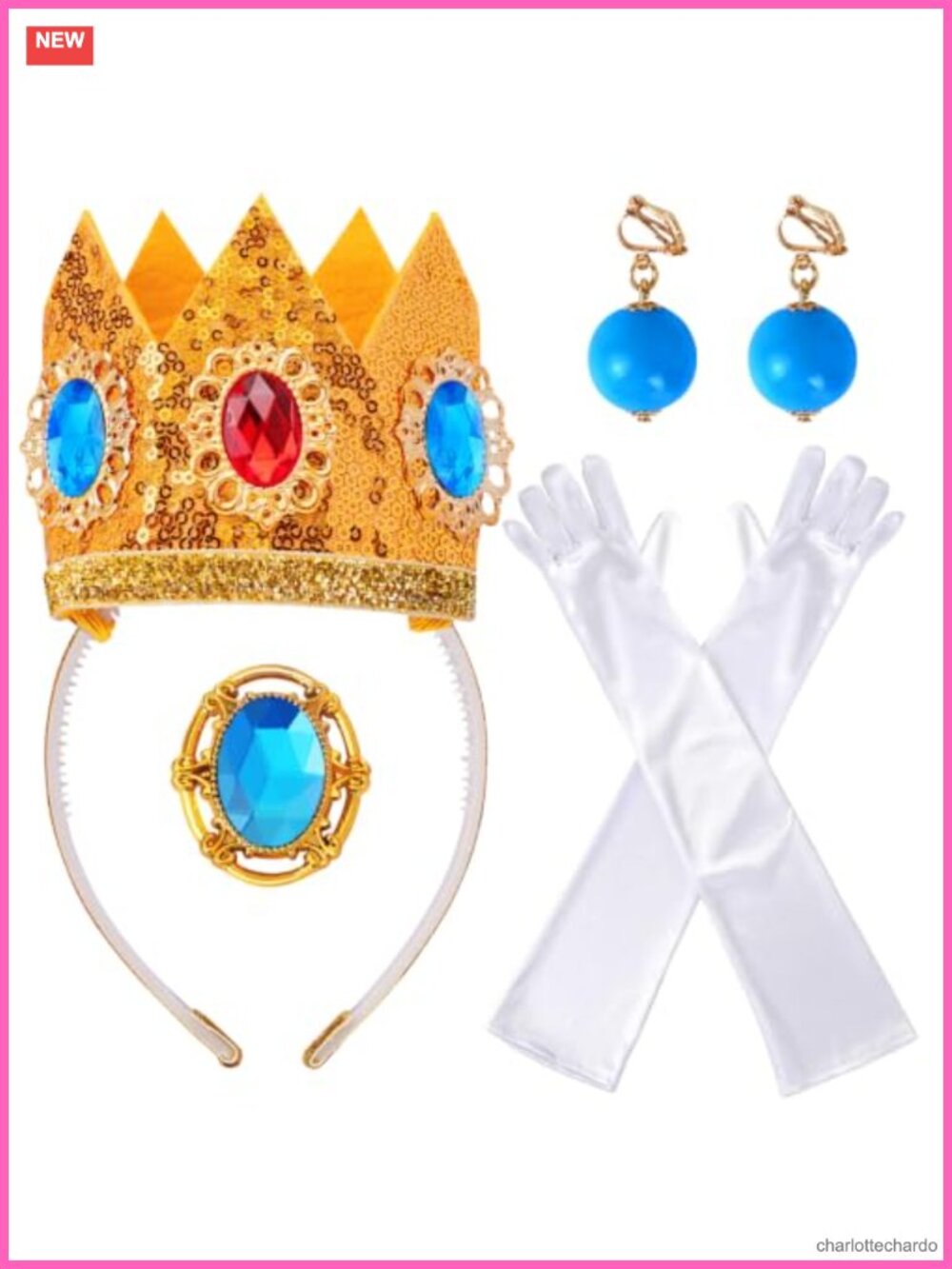 Princess Costume Accessory Set 4 Piece Crown Earrings Gloves Brooch Women